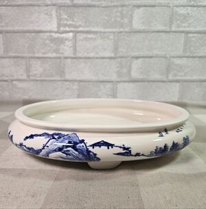 Blue on White Porcelain Bonsai Pot Oval Landscape Scenery Shallow 12"